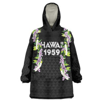 Hawaii Statehood Day Wearable Blanket Hoodie Kakau Pattern With Maile Pikake Honohono Lei