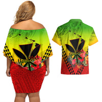 Personalized Hawaii Couples Matching Off Shoulder Short Dress and Hawaiian Shirt Kakau Kanaka Maoli With Hibiscus Flowers LT05 - Polynesian Pride