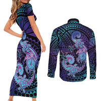 Hawaii Makahiki Turtle Couples Matching Short Sleeve Bodycon Dress and Long Sleeve Button Shirt Spiral Polynesian Tattoo