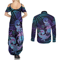 Hawaii Makahiki Turtle Couples Matching Summer Maxi Dress and Long Sleeve Button Shirt Spiral Polynesian Tattoo