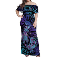 Hawaii Makahiki Turtle Off Shoulder Maxi Dress Spiral Polynesian Tattoo