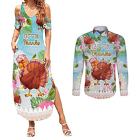 Hawaii Thanksgiving Couples Matching Summer Maxi Dress and Long Sleeve Button Shirt Funny Turkey Dabbing Dance LT05 Blue - Polynesian Pride