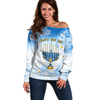 Polynesia Hanukkah Festival Off Shoulder Sweater With Menorah Polynesian Style LT05 Women Blue - Polynesian Pride