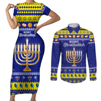 Personalised Polynesia Christmukkah Couples Matching Short Sleeve Bodycon Dress and Long Sleeve Button Shirt Menorah With Polynesian Tribal Pattern LT05 Blue - Polynesian Pride