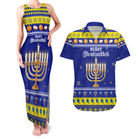 Personalised Polynesia Christmukkah Couples Matching Tank Maxi Dress and Hawaiian Shirt Menorah With Polynesian Tribal Pattern LT05 Blue - Polynesian Pride