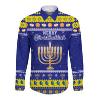 Personalised Polynesia Christmukkah Long Sleeve Button Shirt Menorah With Polynesian Tribal Pattern LT05 Unisex Blue - Polynesian Pride