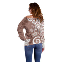 Polynesia Off Shoulder Sweater Brown Tribal Turtle Floral Pattern