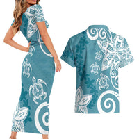 Polynesia Couples Matching Short Sleeve Bodycon Dress and Hawaiian Shirt Hippie Blue Tribal Turtle Floral Pattern