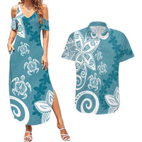 Polynesia Couples Matching Summer Maxi Dress and Hawaiian Shirt Hippie Blue Tribal Turtle Floral Pattern