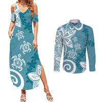 Polynesia Couples Matching Summer Maxi Dress and Long Sleeve Button Shirt Hippie Blue Tribal Turtle Floral Pattern