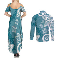 Polynesia Couples Matching Summer Maxi Dress and Long Sleeve Button Shirt Hippie Blue Tribal Turtle Floral Pattern