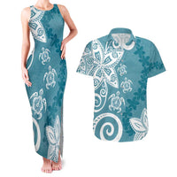 Polynesia Couples Matching Tank Maxi Dress and Hawaiian Shirt Hippie Blue Tribal Turtle Floral Pattern