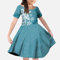Polynesia Family Matching Off Shoulder Maxi Dress and Hawaiian Shirt Hippie Blue Tribal Turtle Floral Pattern LT05 Daughter's Dress Blue - Polynesian Pride