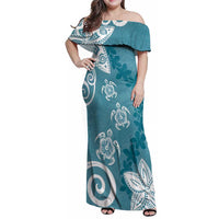 Polynesia Family Matching Off Shoulder Maxi Dress and Hawaiian Shirt Hippie Blue Tribal Turtle Floral Pattern LT05 Mom's Dress Blue - Polynesian Pride