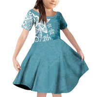 Polynesia Family Matching Off Shoulder Short Dress and Hawaiian Shirt Hippie Blue Tribal Turtle Floral Pattern LT05 Daughter's Dress Blue - Polynesian Pride