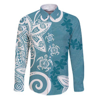 Polynesia Family Matching Short Sleeve Bodycon Dress and Hawaiian Shirt Hippie Blue Tribal Turtle Floral Pattern LT05 Dad's Shirt - Long Sleeve Blue - Polynesian Pride