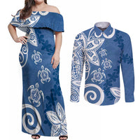 Polynesia Couples Matching Off Shoulder Maxi Dress and Long Sleeve Button Shirt Blue Tribal Turtle Floral Pattern