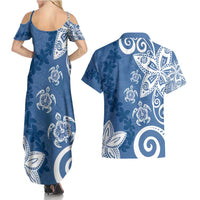 Polynesia Couples Matching Summer Maxi Dress and Hawaiian Shirt Blue Tribal Turtle Floral Pattern
