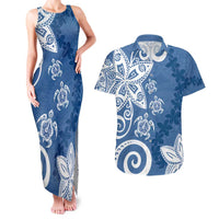 Polynesia Couples Matching Tank Maxi Dress and Hawaiian Shirt Blue Tribal Turtle Floral Pattern
