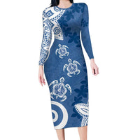 Polynesia Family Matching Long Sleeve Bodycon Dress and Hawaiian Shirt Blue Tribal Turtle Floral Pattern LT05 Mom's Dress Blue - Polynesian Pride