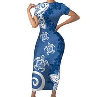 Polynesia Family Matching Short Sleeve Bodycon Dress and Hawaiian Shirt Blue Tribal Turtle Floral Pattern LT05 Mom's Dress Blue - Polynesian Pride