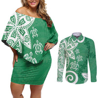 Polynesia Couples Matching Off Shoulder Short Dress and Long Sleeve Button Shirt Green Tribal Turtle Floral Pattern
