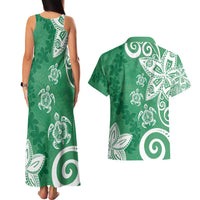 Polynesia Couples Matching Tank Maxi Dress and Hawaiian Shirt Green Tribal Turtle Floral Pattern