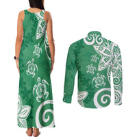 Polynesia Couples Matching Tank Maxi Dress and Long Sleeve Button Shirt Green Tribal Turtle Floral Pattern