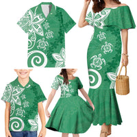Polynesia Family Matching Mermaid Dress and Hawaiian Shirt Green Tribal Turtle Floral Pattern LT05 - Polynesian Pride