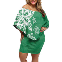 Polynesia Family Matching Off Shoulder Short Dress and Hawaiian Shirt Green Tribal Turtle Floral Pattern LT05 Mom's Dress Green - Polynesian Pride