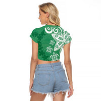 Polynesia Raglan Cropped T Shirt Green Tribal Turtle Floral Pattern LT05 - Polynesian Pride