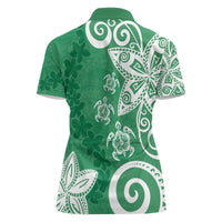 Polynesia Women Polo Shirt Green Tribal Turtle Floral Pattern