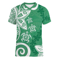 Polynesia Women V-Neck T-Shirt Green Tribal Turtle Floral Pattern LT05 Female Green - Polynesian Pride