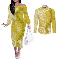 Polynesia Couples Matching Off The Shoulder Long Sleeve Dress and Long Sleeve Button Shirt Yellow Tribal Turtle Floral Pattern