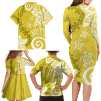 Polynesia Family Matching Long Sleeve Bodycon Dress and Hawaiian Shirt Yellow Tribal Turtle Floral Pattern LT05 - Polynesian Pride
