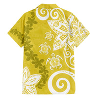 Polynesia Family Matching Off The Shoulder Long Sleeve Dress and Hawaiian Shirt Yellow Tribal Turtle Floral Pattern