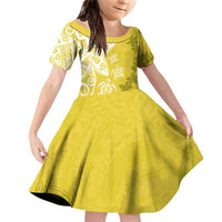Polynesia Family Matching Off Shoulder Short Dress and Hawaiian Shirt Yellow Tribal Turtle Floral Pattern LT05 Daughter's Dress Yellow - Polynesian Pride