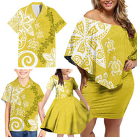 Polynesia Family Matching Off Shoulder Short Dress and Hawaiian Shirt Yellow Tribal Turtle Floral Pattern LT05 - Polynesian Pride