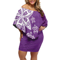 Polynesia Family Matching Off Shoulder Short Dress and Hawaiian Shirt Purple Tribal Turtle Floral Pattern LT05 Mom's Dress Purple - Polynesian Pride
