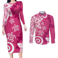Polynesia Couples Matching Long Sleeve Bodycon Dress and Long Sleeve Button Shirt Pink Tribal Turtle Floral Pattern