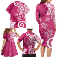 Polynesia Family Matching Long Sleeve Bodycon Dress and Hawaiian Shirt Pink Tribal Turtle Floral Pattern LT05 - Polynesian Pride