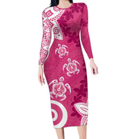 Polynesia Family Matching Long Sleeve Bodycon Dress and Hawaiian Shirt Pink Tribal Turtle Floral Pattern LT05 Mom's Dress Pink - Polynesian Pride