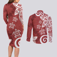 Polynesia Couples Matching Long Sleeve Bodycon Dress and Long Sleeve Button Shirt Red Tribal Turtle Floral Pattern