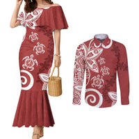 Polynesia Couples Matching Mermaid Dress and Long Sleeve Button Shirt Red Tribal Turtle Floral Pattern
