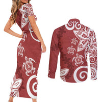 Polynesia Couples Matching Short Sleeve Bodycon Dress and Long Sleeve Button Shirt Red Tribal Turtle Floral Pattern