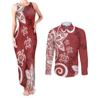 Polynesia Couples Matching Tank Maxi Dress and Long Sleeve Button Shirt Red Tribal Turtle Floral Pattern