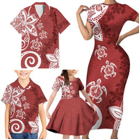 Polynesia Family Matching Short Sleeve Bodycon Dress and Hawaiian Shirt Red Tribal Turtle Floral Pattern LT05 - Polynesian Pride