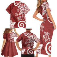 Polynesia Family Matching Short Sleeve Bodycon Dress and Hawaiian Shirt Red Tribal Turtle Floral Pattern LT05 - Polynesian Pride
