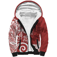 Polynesia Sherpa Hoodie Red Tribal Turtle Floral Pattern