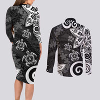 Polynesia Couples Matching Long Sleeve Bodycon Dress and Long Sleeve Button Shirt Black Tribal Turtle Floral Pattern